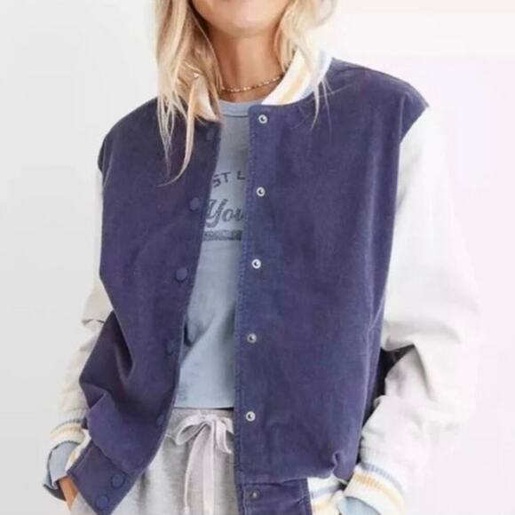 Aerie Corduroy Varsity Snap Button Jacket Blue Size Small - Picture 1 of 8
